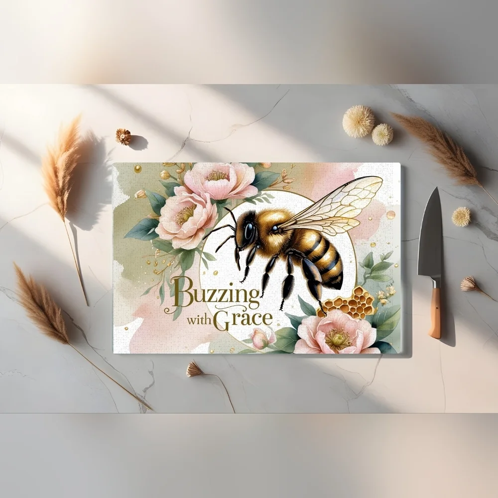 Floral Bee Glass Cutting Board Size 11inx8in